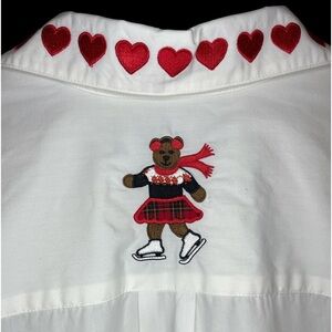 Vintage, Karen Scott, Cotton Rich, White Long Sleeve Shirt, Hearts & Bear, LRG